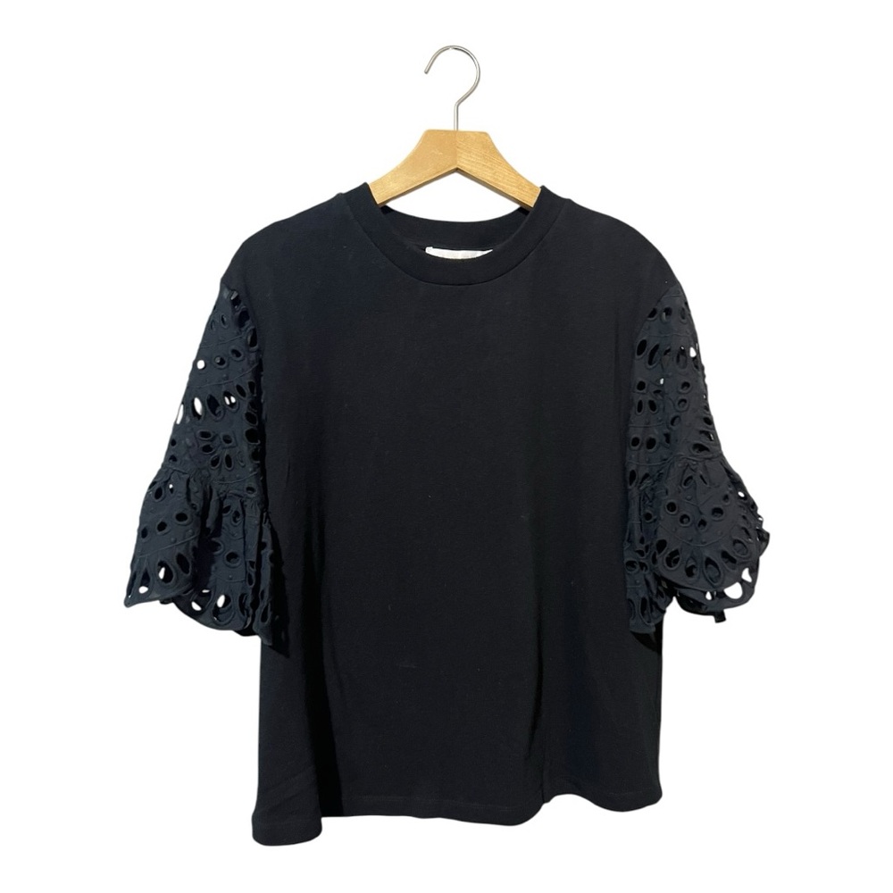 See By Chloé Black Eyelet Sleeve Cotton Tee
